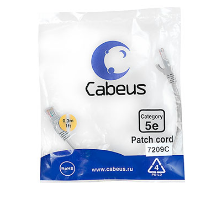 Патч-корд U/UTP, категория 5е, 2xRJ45/8p8c, неэкранированный, серый, PVC, 0,3м